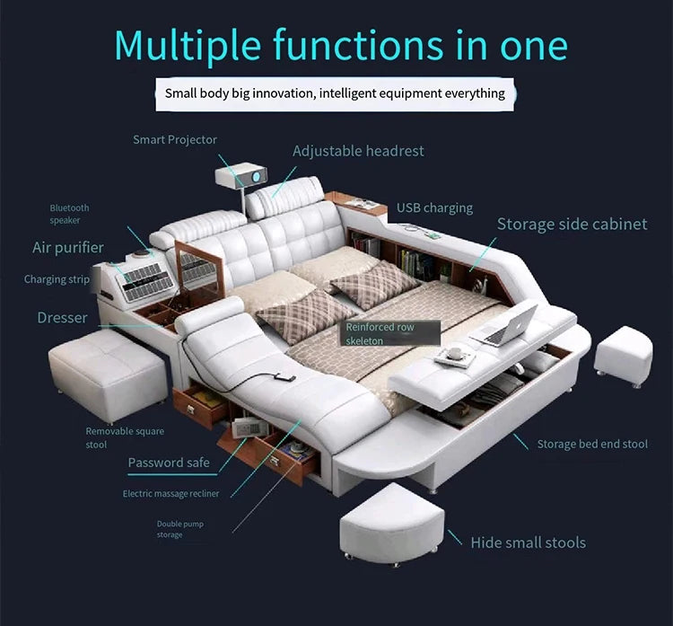 SmartKing™ Modern Luxury Leather Bed | Intelligent Platform Storage Bed with Dual Lifting System