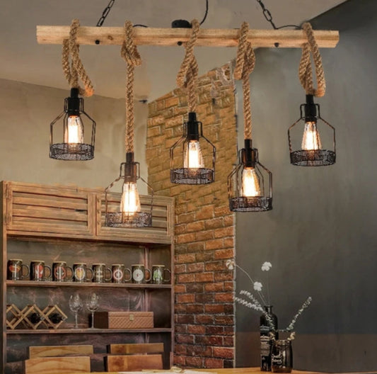 RusticGlow | 5-Light Farmhouse Cage Chandelier – Vintage Wood & Hemp Rope Pendant