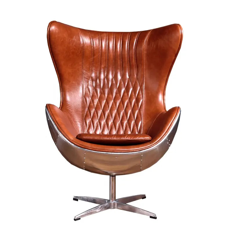 Swivel Cowhide Leather Aviation Lounge Chair – Retro Egg Chair with Fiberglass Stand - Multi colors