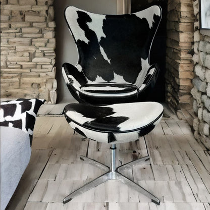 Swivel Cowhide Leather Aviation Lounge Chair – Retro Egg Chair with Footstool