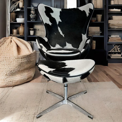 Swivel Cowhide Leather Aviation Lounge Chair – Retro Egg Chair with Footstool