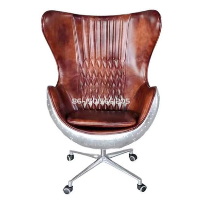 Swivel Cowhide Leather Aviation Lounge Chair – Retro Egg Chair with Fiberglass Stand - Multi colors