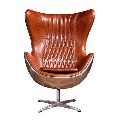 Swivel Cowhide Leather Aviation Lounge Chair – Retro Egg Chair with Fiberglass Stand - Multi colors
