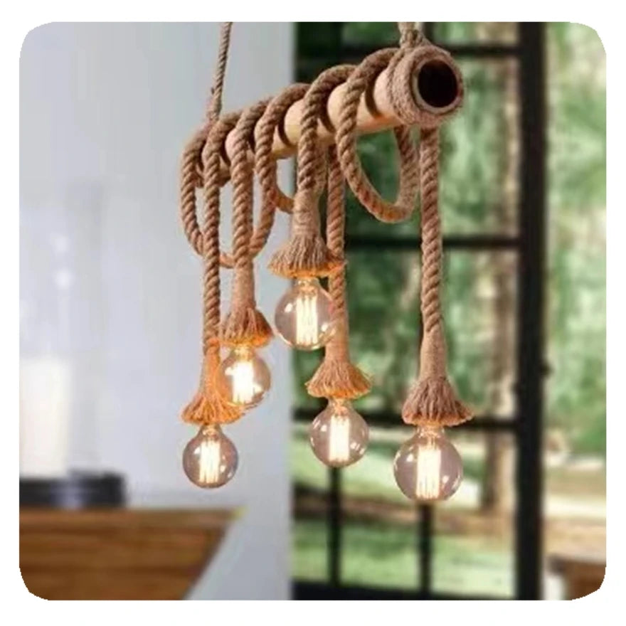 RusticGlow | Vintage Hemp Rope & Bamboo Chandelier – Industrial Hanging Light Fixture