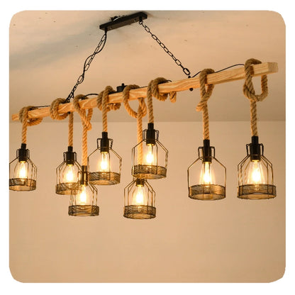 RusticGlow | 5-Light Farmhouse Cage Chandelier – Vintage Wood & Hemp Rope Pendant
