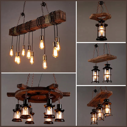 Ironwood Grandeur | Industrial Vintage Chandelier – Rustic Iron & Wood Pendant Light"