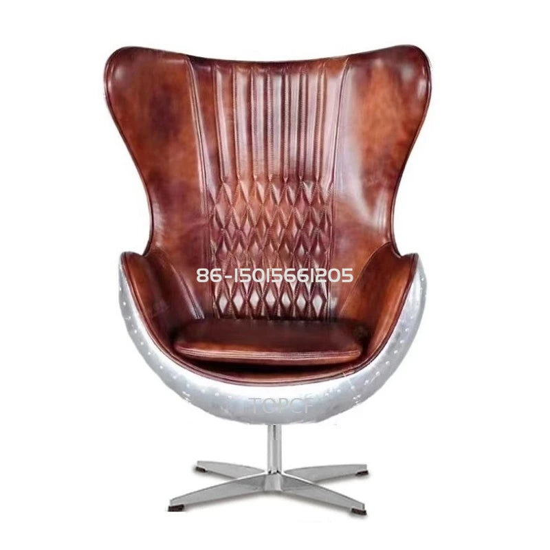 Swivel Cowhide Leather Aviation Lounge Chair – Retro Egg Chair with Fiberglass Stand - Multi colors