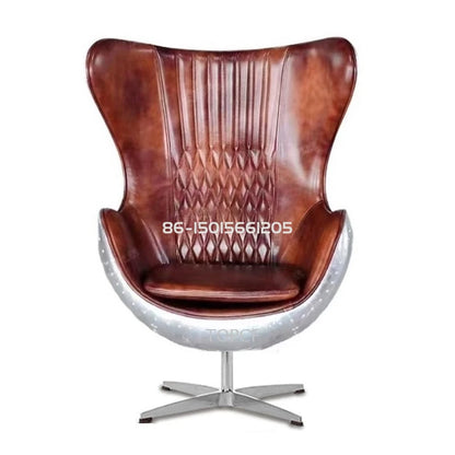 Swivel Cowhide Leather Aviation Lounge Chair – Retro Egg Chair with Fiberglass Stand - Multi colors