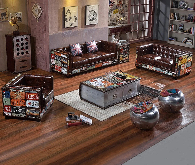 The Heritage Lounge | Vintage Chesterfield Sectional Sofa in Leather & Wood - chocolate -brown