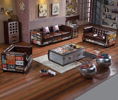 The Heritage Lounge | Vintage Chesterfield Sectional Sofa in Leather & Wood - chocolate -brown
