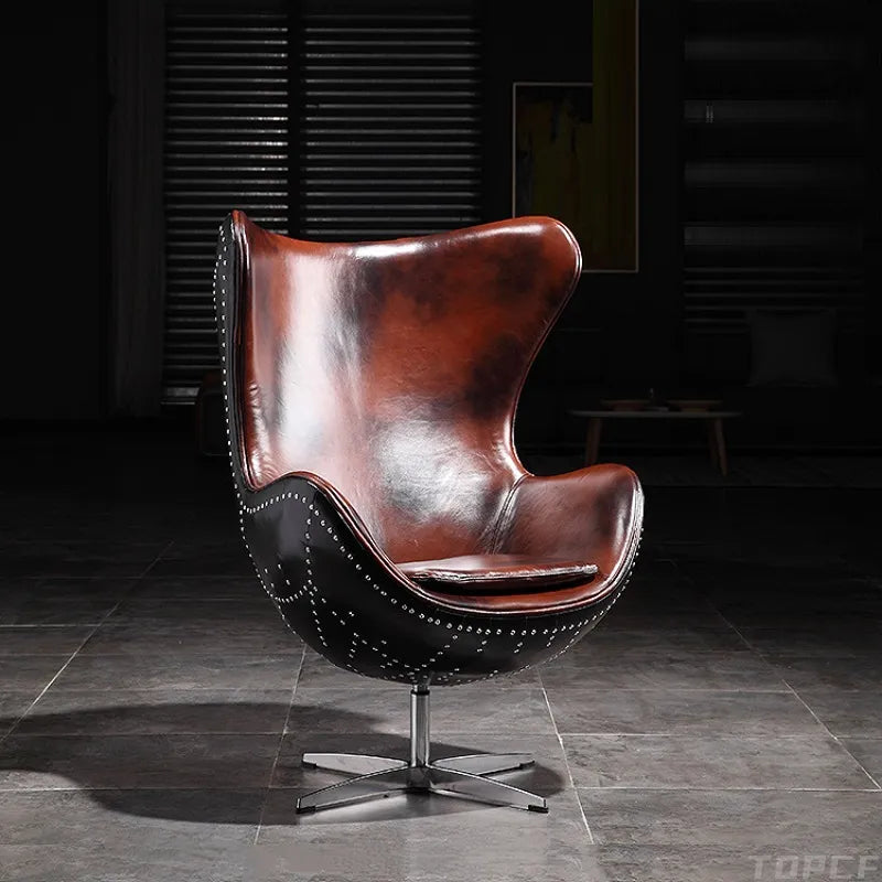 Swivel Cowhide Leather Aviation Lounge Chair – Retro Egg Chair with Fiberglass Stand - Multi colors