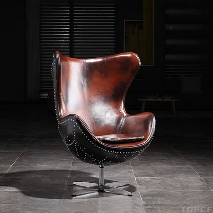 Swivel Cowhide Leather Aviation Lounge Chair – Retro Egg Chair with Fiberglass Stand - Multi colors