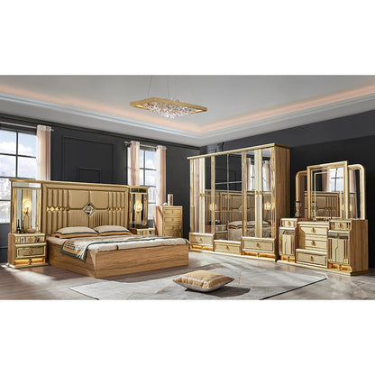 Golden Luxe | Modern King Size Bedroom Set with Leather Headboard & Full Wooden Frame