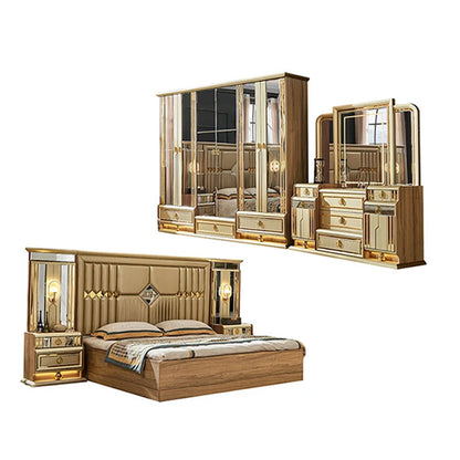Golden Luxe | Modern King Size Bedroom Set with Leather Headboard & Full Wooden Frame