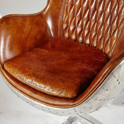 Swivel Cowhide Leather Aviation Lounge Chair – Retro Egg Chair with Fiberglass Stand - Multi colors