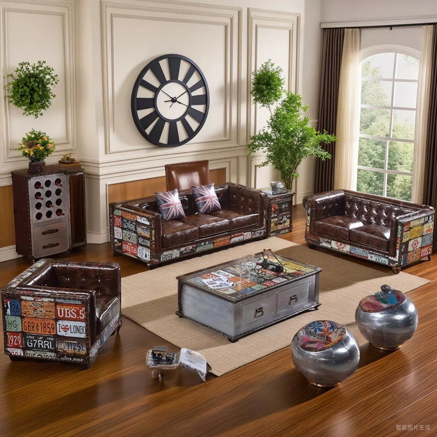 The Heritage Lounge | Vintage Chesterfield Sectional Sofa in Leather & Wood - chocolate -brown