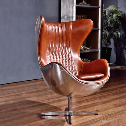 Swivel Cowhide Leather Aviation Lounge Chair – Retro Egg Chair with Fiberglass Stand - Multi colors
