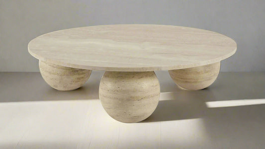 Monumenta | Travertine Sphere Base Coffee Table – Modern Stone Sculpture Elegance