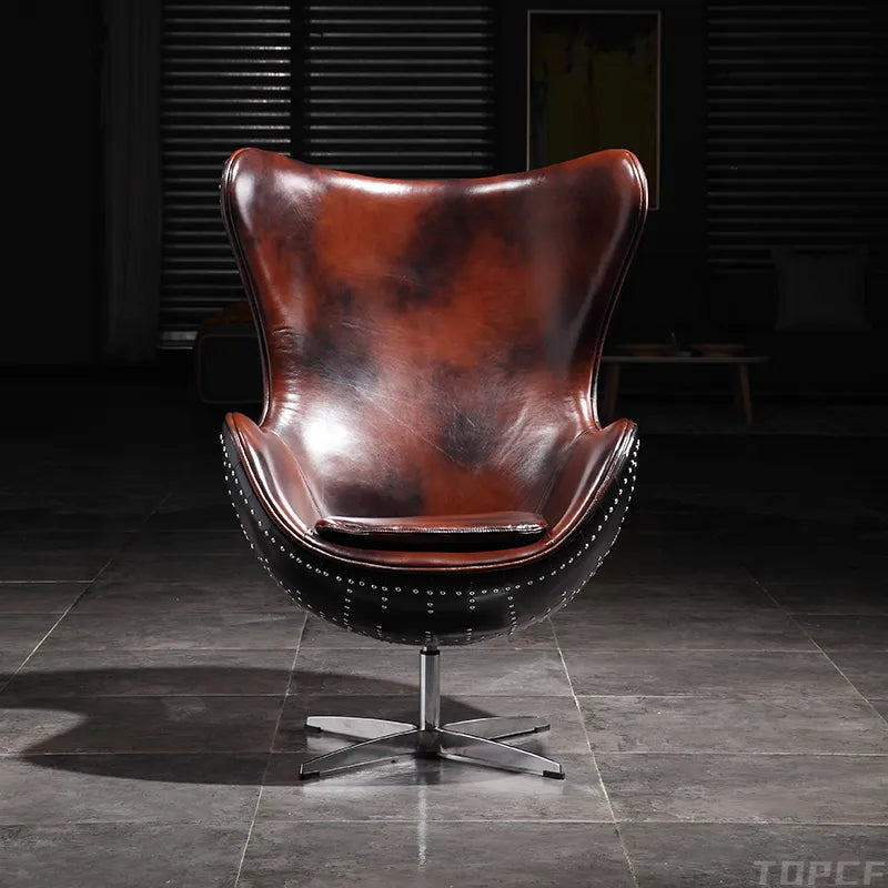 Swivel Cowhide Leather Aviation Lounge Chair – Retro Egg Chair with Fiberglass Stand - Multi colors