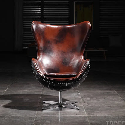 Swivel Cowhide Leather Aviation Lounge Chair – Retro Egg Chair with Fiberglass Stand - Multi colors