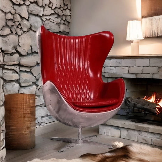 Swivel Cowhide Leather Aviation Lounge Chair – Retro Egg Chair with Fiberglass Stand - Multi colors