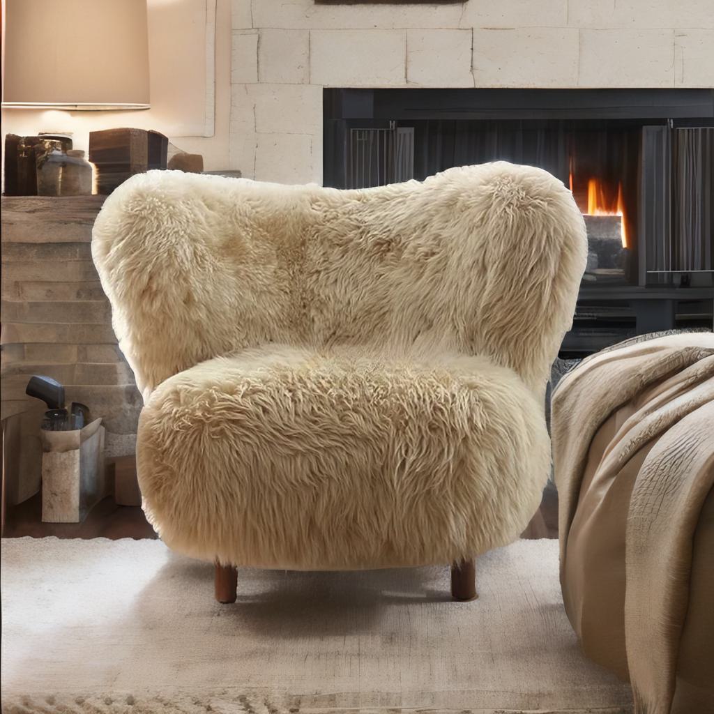 Italian Luxury Sheepskin Wingback Lounge Chair – Minimalist Villa Designer Quiet Chai