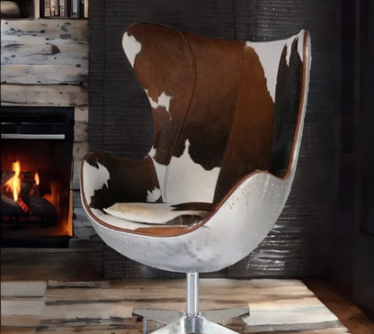 Swivel Cowhide Leather Aviation Lounge Chair – Retro Egg Chair with Fiberglass Stand - Multi colors