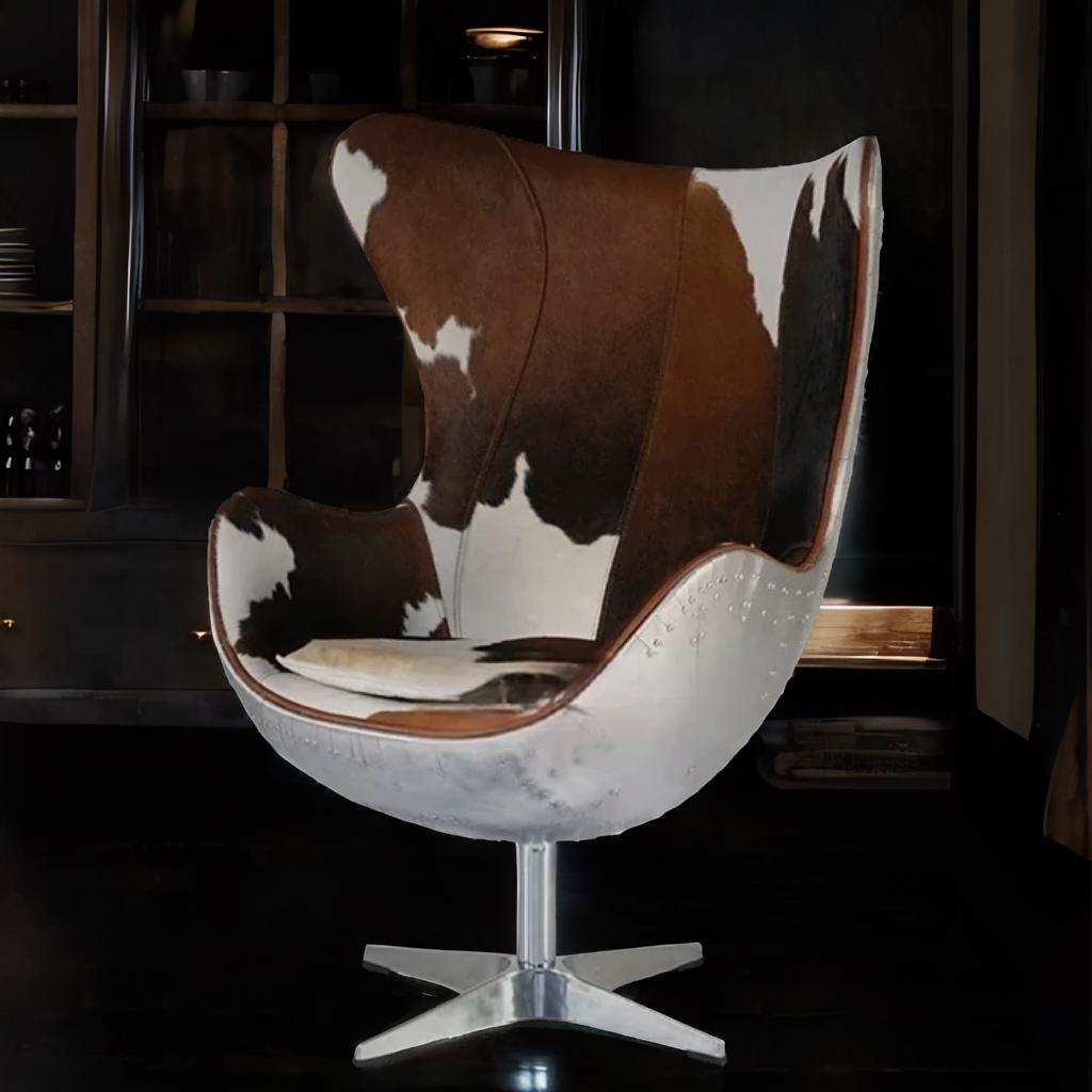 Swivel Cowhide Leather Aviation Lounge Chair – Retro Egg Chair with Fiberglass Stand - Multi colors