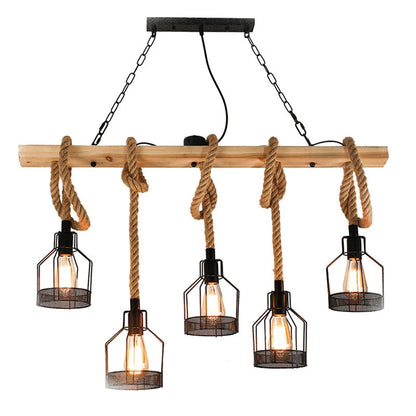 RusticGlow | 5-Light Farmhouse Cage Chandelier – Vintage Wood & Hemp Rope Pendant