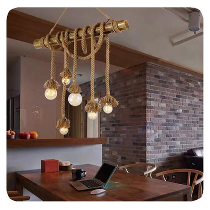 RusticGlow | Vintage Hemp Rope & Bamboo Chandelier – Industrial Hanging Light Fixture