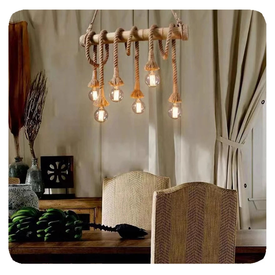 RusticGlow | Vintage Hemp Rope & Bamboo Chandelier – Industrial Hanging Light Fixture