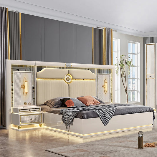 Royal Haven | Contemporary King & Queen Size Wooden Leather Bed Set with Storage & Lighted Headboard