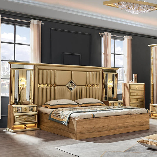 Golden Luxe | Modern King Size Bedroom Set with Leather Headboard & Full Wooden Frame