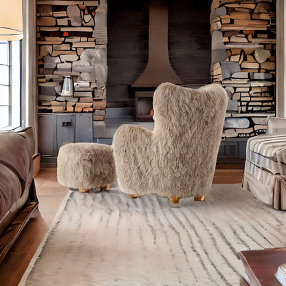 Nordic Luxe | Modern Mongolian Sheepskin Armchair & Ottoman – Ultra-Soft Lounge Comfort"