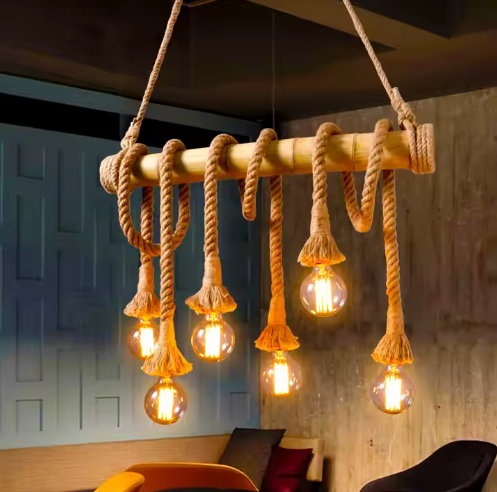 RusticGlow | Vintage Hemp Rope & Bamboo Chandelier – Industrial Hanging Light Fixture