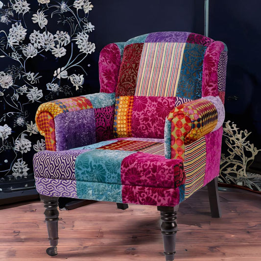 The Maharaja Armchair | Patchwork Velvet Throne with Carved Wooden Legs