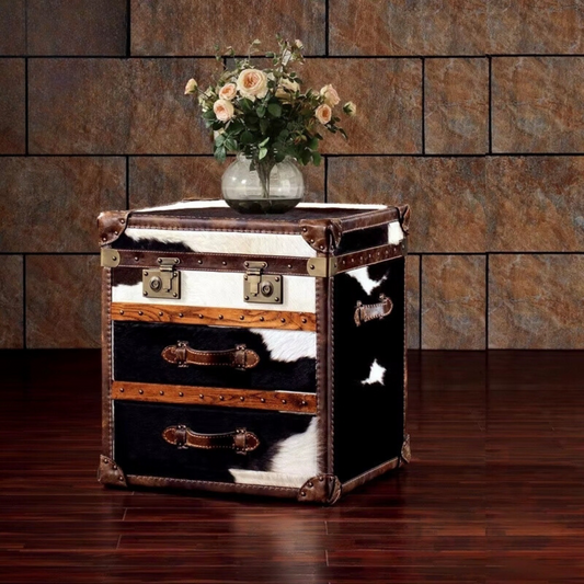 Heritage Steamer Trunk Side Table – Vintage Cow Fur & Genuine Leather Storage Chest with Drawers