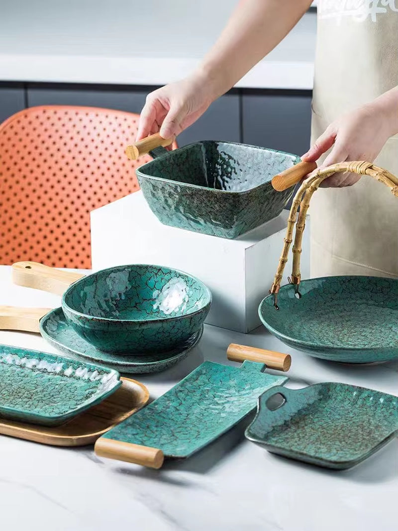 Ceramic Sushi Plate Steak Plates Deep Square Bowl Shallow Dish Restaurant Serving Trays with Wooden Handle