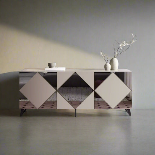 Credenza with 3 Doors with Bronzed Mirrors in Matt Lacquered Mink Finish, Made in Italy Design Furniture