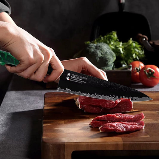 200MM Black Dyeing Chef Knife 3 Layers Composited Steel Japanese MD606 Powder Steel Stabilization Wood Resin Handle Chef Knife