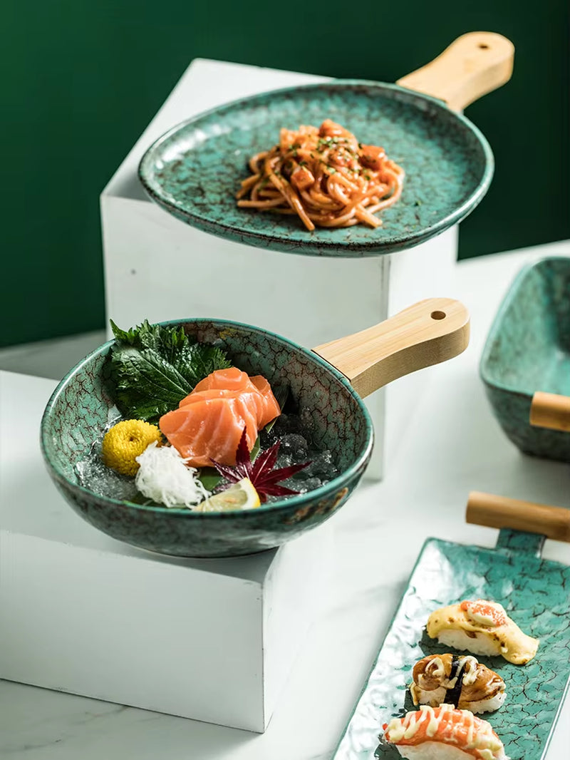 Ceramic Sushi Plate Steak Plates Deep Square Bowl Shallow Dish Restaurant Serving Trays with Wooden Handle