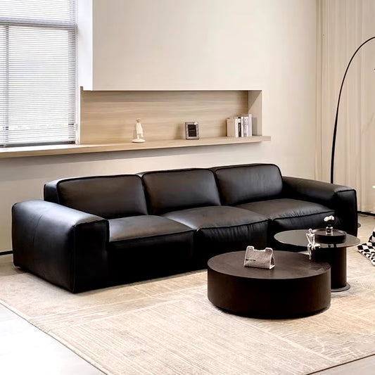 2024 Italian Luxury Leather Sofa Combination Modern Minimalist Black Cow Leather for Living Room Straight New Arrival