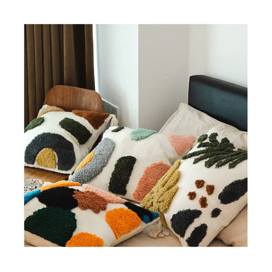 Boho Modern Europe Decor Designer Throw Pillowcase with Tassel Tufted Embroidery Wave Pillow Cushion Cover