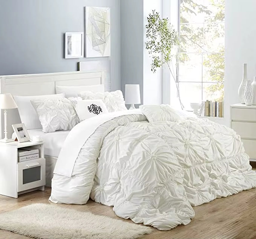 Chic Home Comforter Set Floral Pinch Pleated Ruffled Designer Embellished Bed Skirt, King, White