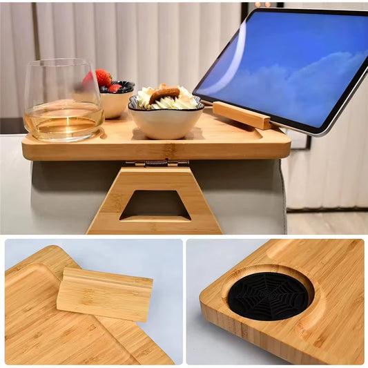 AM Foldable Bamboo Couch Arm Tray Table Couch Sofa Armrest Tray Coffee Side Table with 360 Rotating