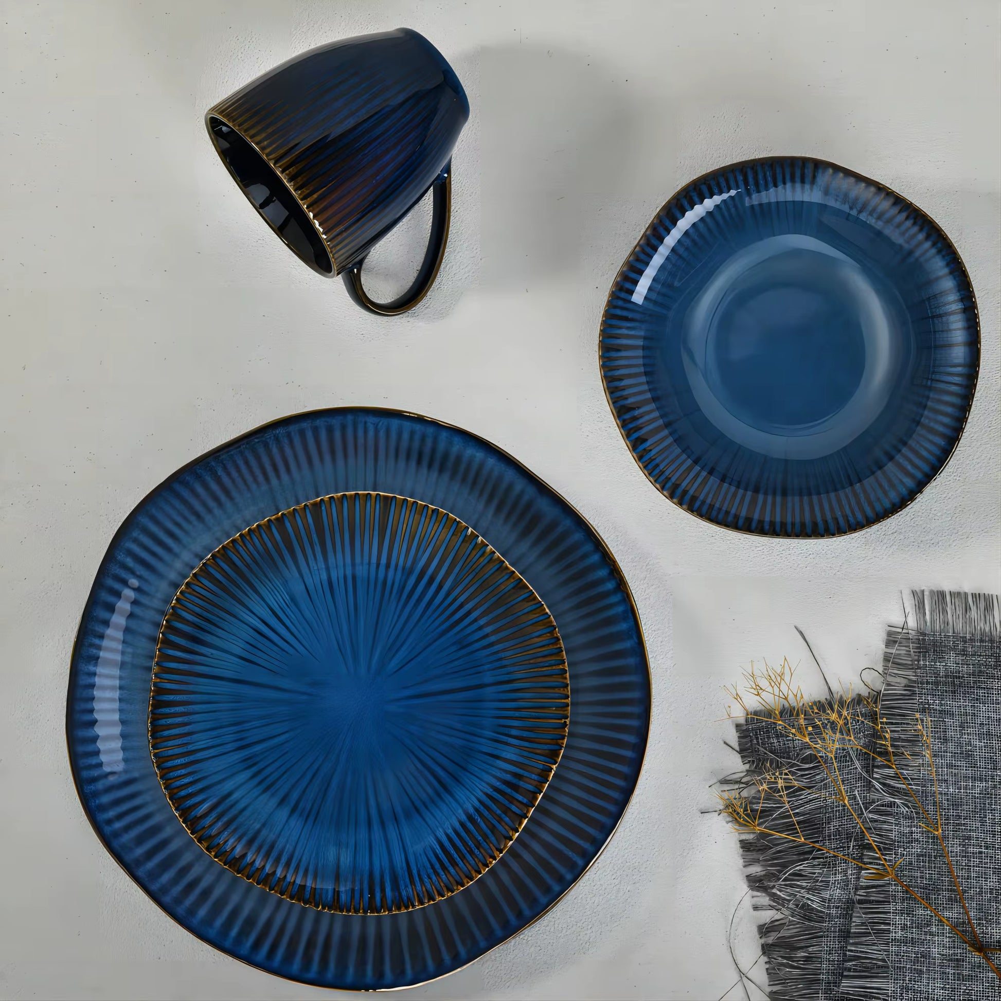 16Pcs Retro Blue Glaze Japanese Style Stoneware New round Dinner Plate Bowl Tableware Sets Blue Glaze Service Dinnerware Set