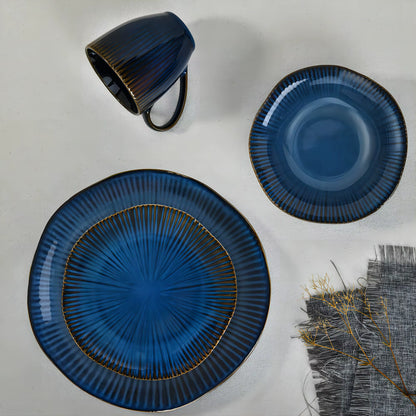 16Pcs Retro Blue Glaze Japanese Style Stoneware New round Dinner Plate Bowl Tableware Sets Blue Glaze Service Dinnerware Set
