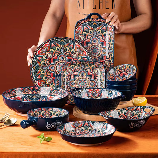 2024 Vintage Ceramic Bohemian Plates Sets Dinnerware Dishes and Tableware Set Home and Kitchen Decorations Porcelain