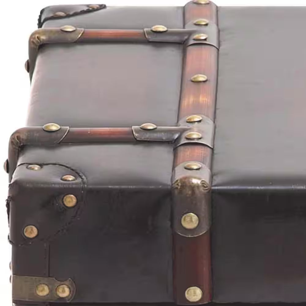 18 In. W Dark Brown Faux Leather Vintage Faux Leather 2 Drawer Cabinet with Buckle Hinged Top