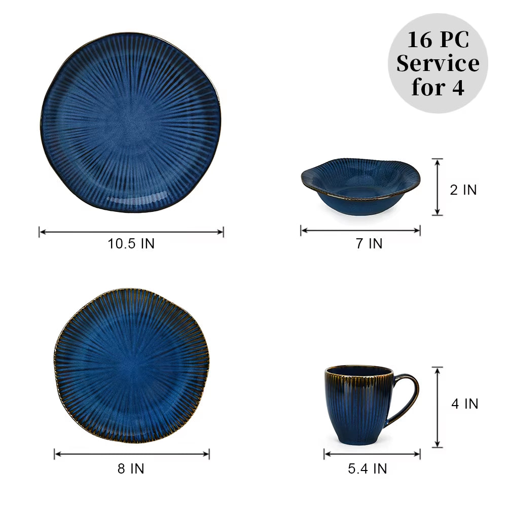 16Pcs Retro Blue Glaze Japanese Style Stoneware New round Dinner Plate Bowl Tableware Sets Blue Glaze Service Dinnerware Set